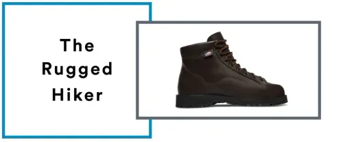 A box with a label that says "The Rugged Hiker" next to an image of a Danner hiking shoe surrounding by a grey border